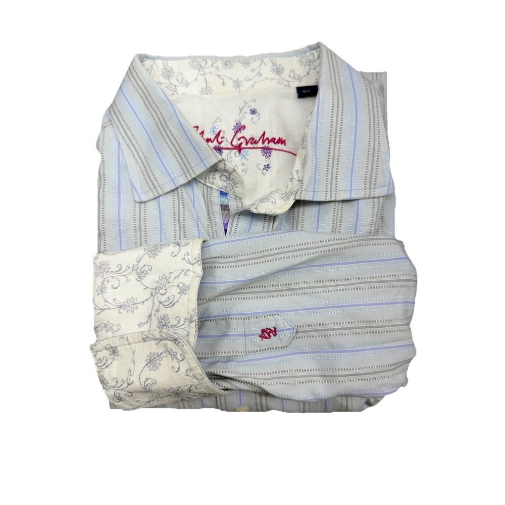 Robert Graham Shirt 2Xl Gray Textured Stripe Flip Cuff Button Up Long Sleeve